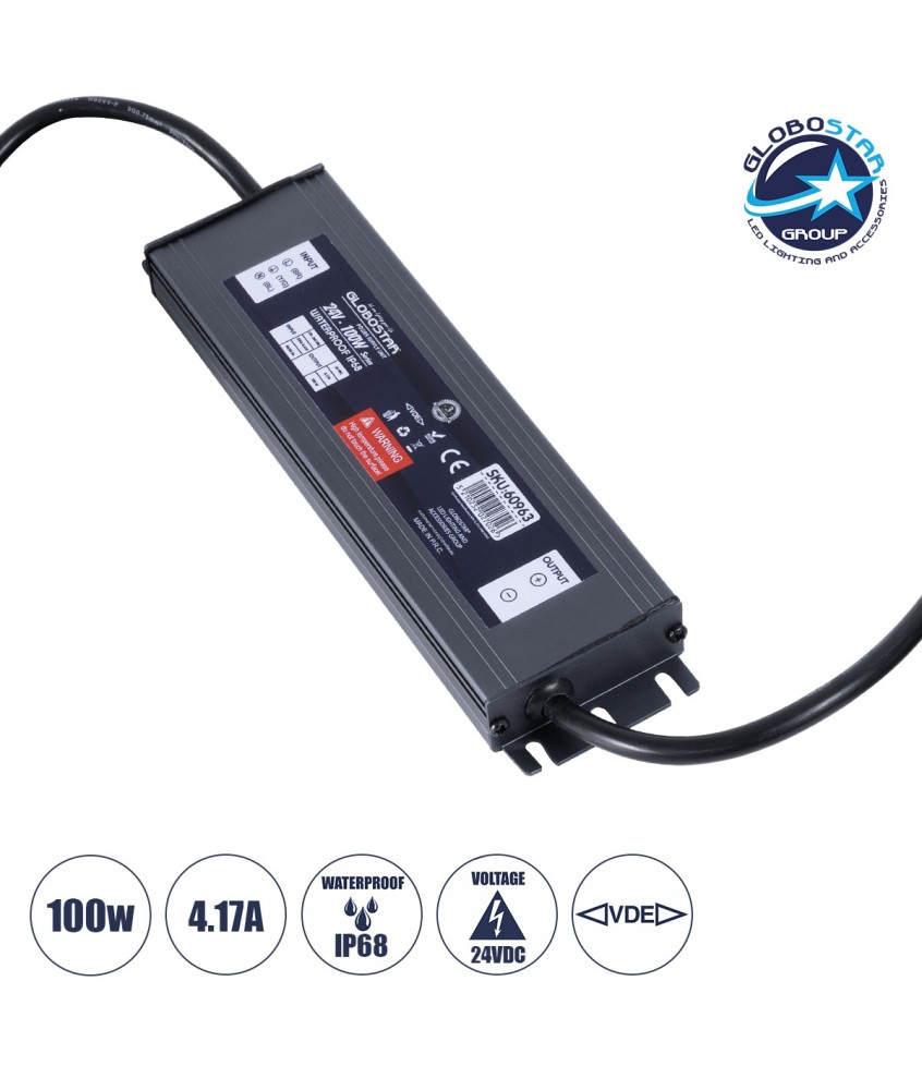 GLOBOSTAR® LUMISPLASH 60963 Τροφοδοτικό-Μετασχηματιστής Class II SELV 100W 4.17A DC 24V Αδιάβροχο IP68 - AC 220-240V σε DC 24V - Μ20 x Π5 x Υ2cm - 3 Χρόνια Εγγύηση